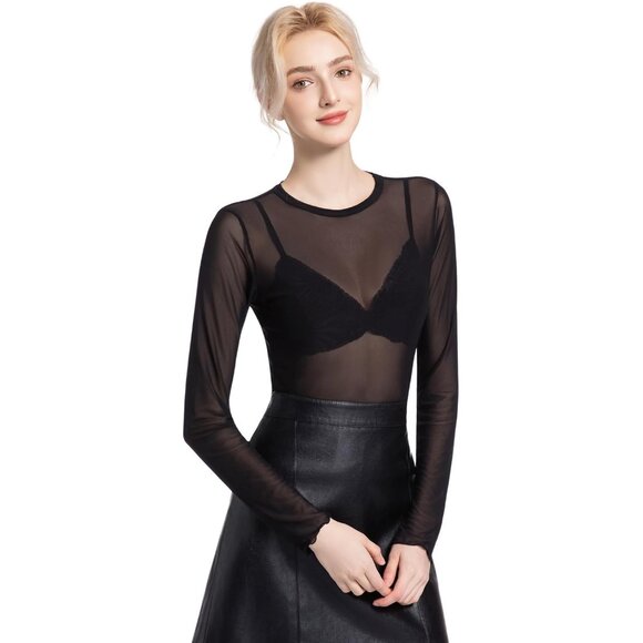 Womens Sheer Mesh Long Sleeve Top Lace Floral Fitted Layering Black - Picture 4 of 6